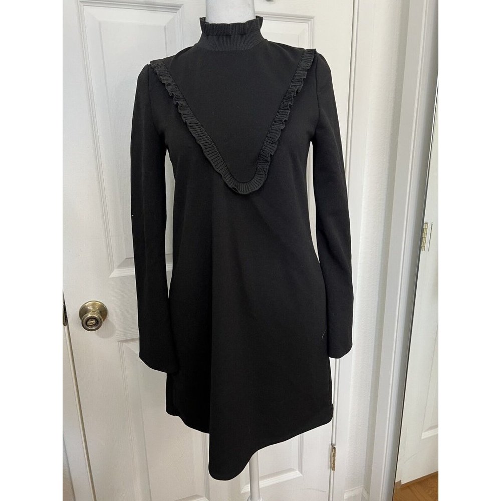 Zara W/B Black High Neck Ruffle Shift Dress Size S Shoulder To Hem 32inches